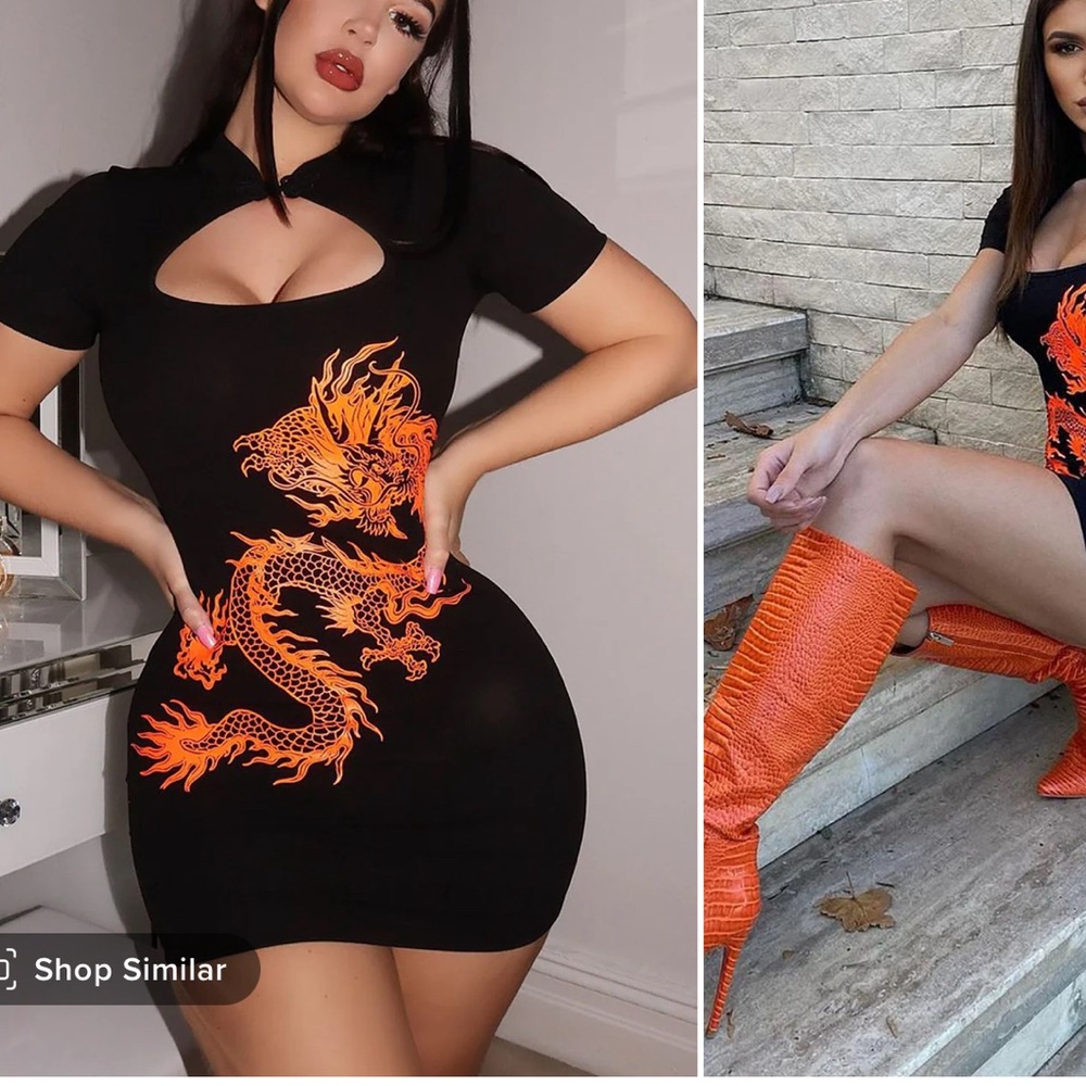Fashion Nova Dragon Mini Dress (Black & Orange) size large